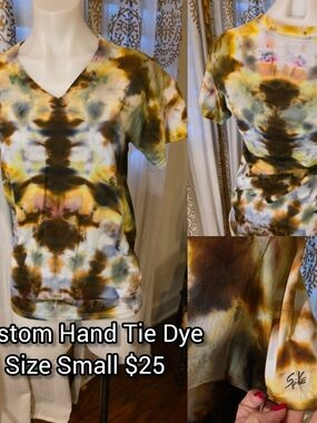 Hand Crafted Men's Tie-Dye V-Neck Tee in Yellow, Brown, Green